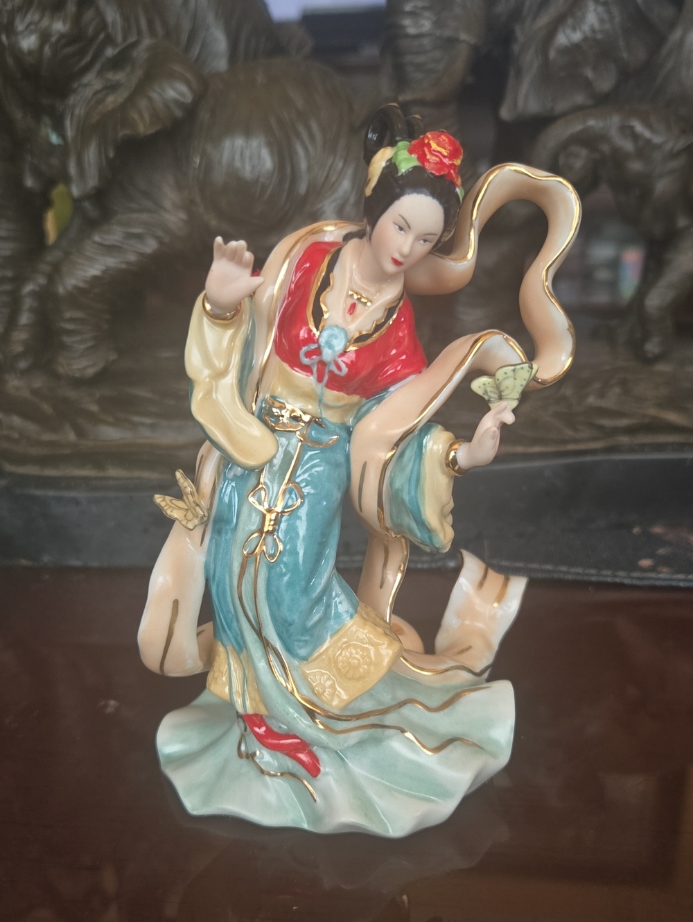 Hand-Painted Ceramic Female Figurine in Teal, Red and Cream. Geisha